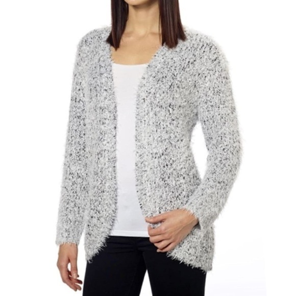 Kensie Black And White Fuzzy Eyelash Open Front Cardigan NWT - Picture 2 of 7